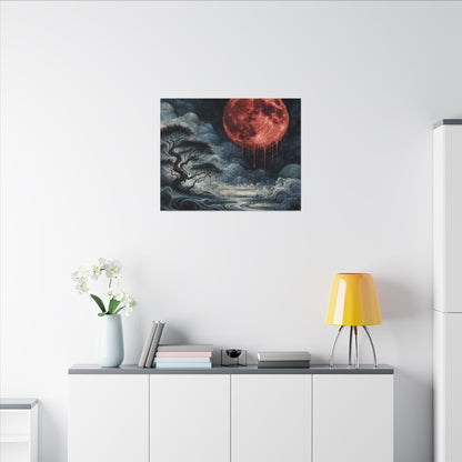 Blood Moon Canvas Art – Dripping Red Moon Over Misty Landscape, Matte Stretched Wall Art