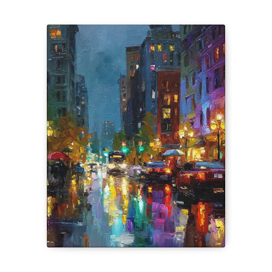 City Nightscape Stretched Canvas – Vibrant Rainy Street Urban Wall Art