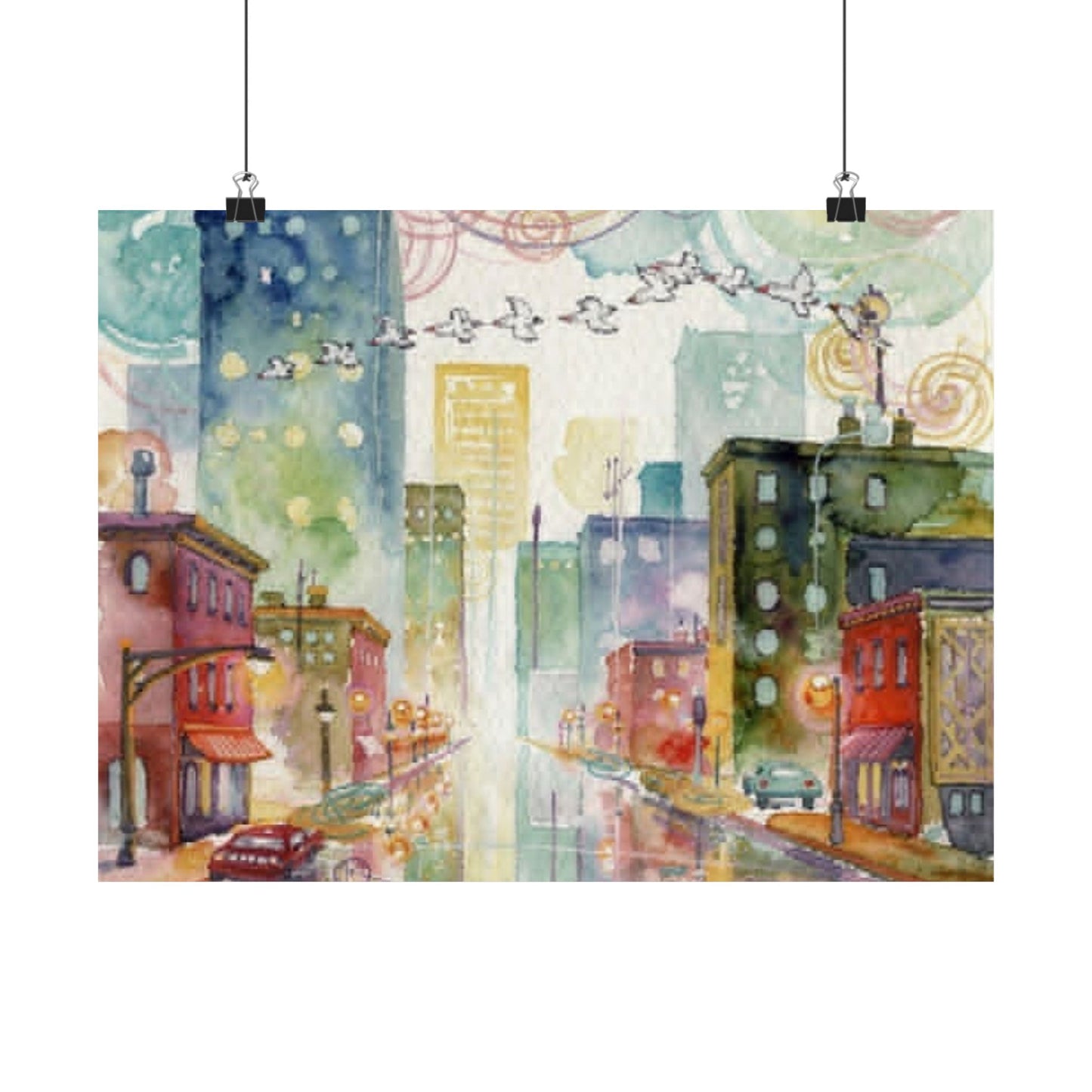 Watercolor Cityscape Matte Poster — Vibrant Urban Street Art Print