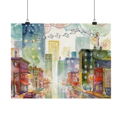 Watercolor Cityscape Matte Poster — Vibrant Urban Street Art Print