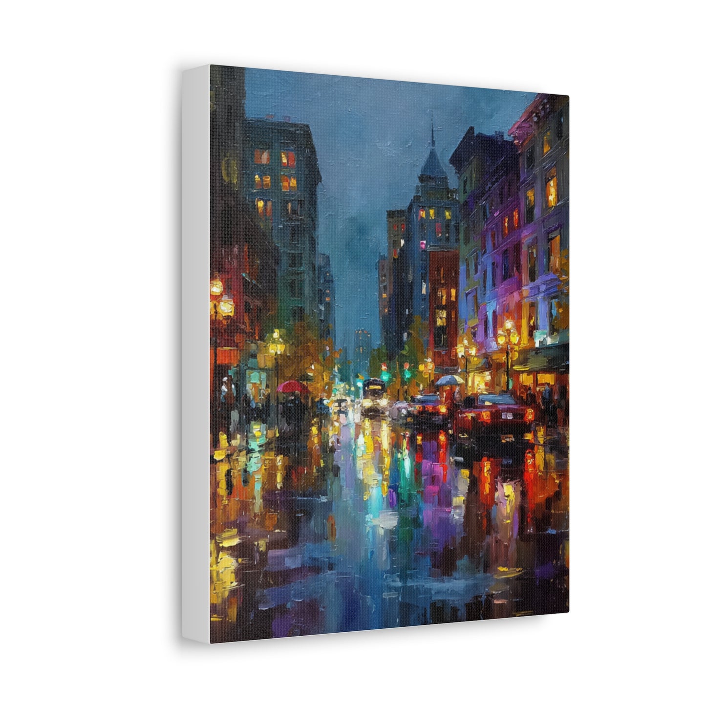 City Nightscape Stretched Canvas – Vibrant Rainy Street Urban Wall Art