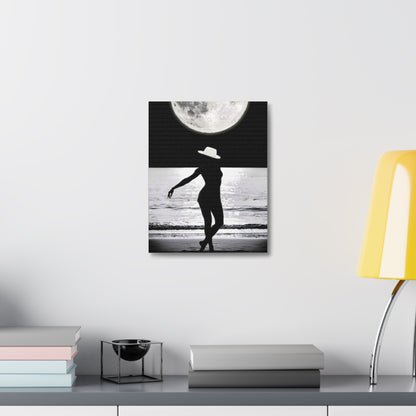 Silhouette at Moonlight – Beach Woman Stretched Canvas Wall Art