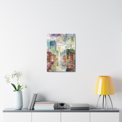 Cityscape Watercolor Stretched Canvas Wall Art — Dreamy Urban Skyline