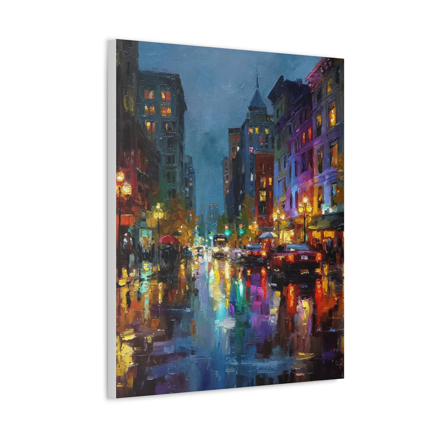 City Nightscape Stretched Canvas – Vibrant Rainy Street Urban Wall Art