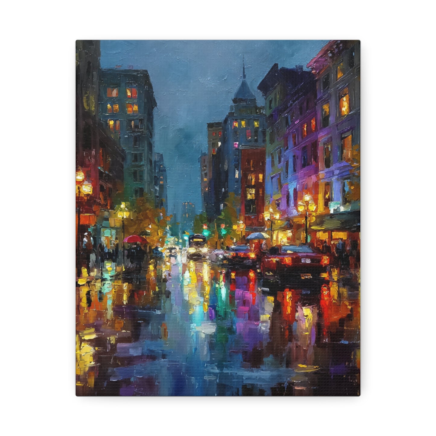 City Nightscape Stretched Canvas – Vibrant Rainy Street Urban Wall Art