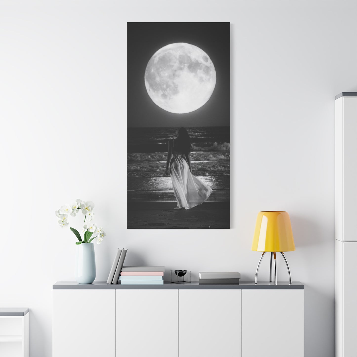 Moonlit Beach Canvas Wall Art — Woman Walking Toward Full Moon (Black & White)