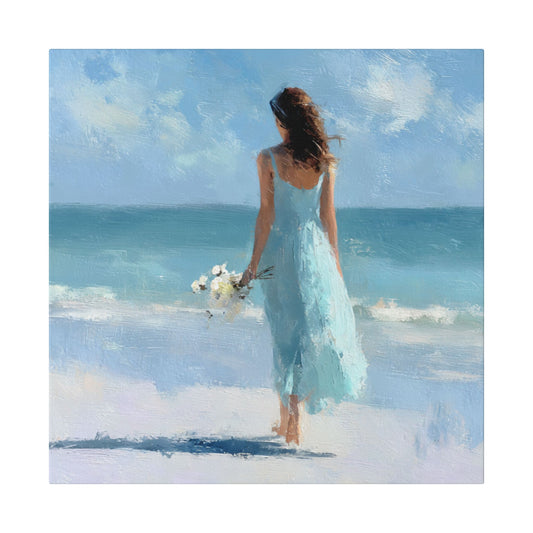Coastal Serenity Canvas – Woman in Blue Beach Wall Art