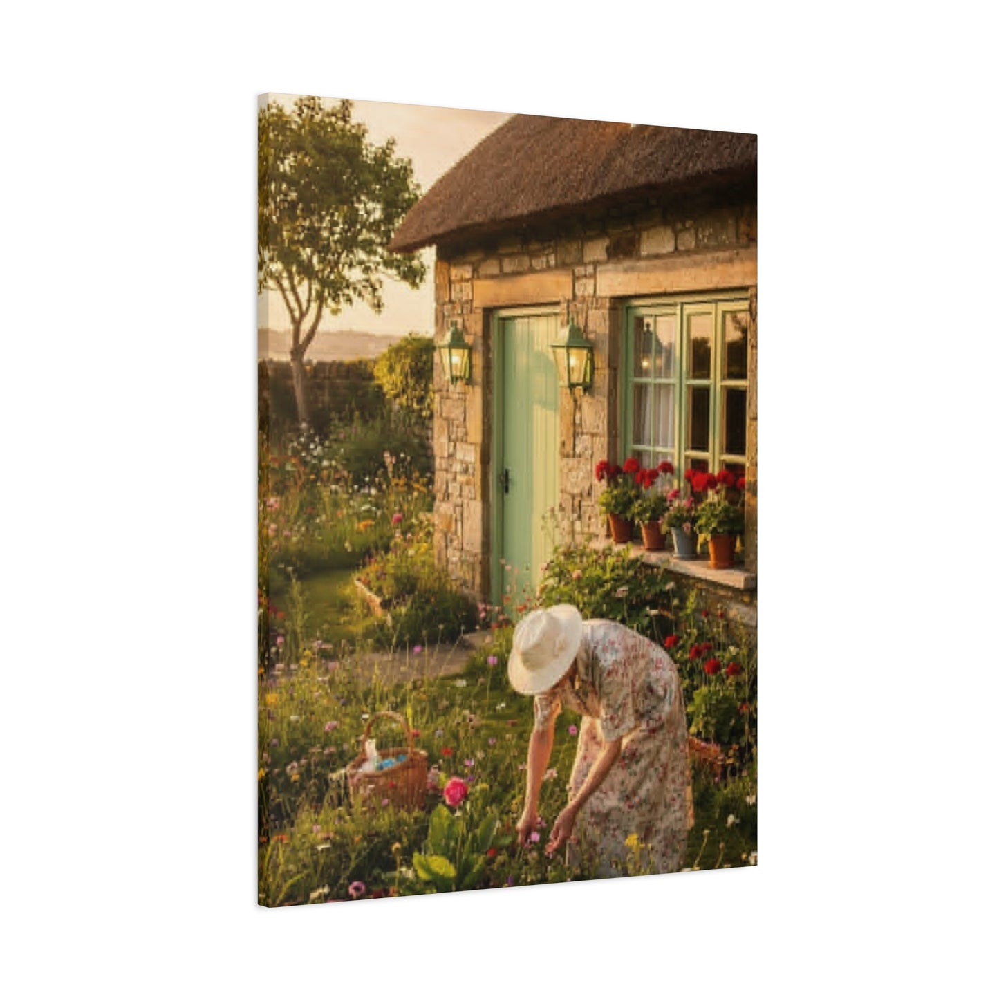 Cottage Garden Canvas Print — Woman Tending Flowers Matte Stretched Wall Art