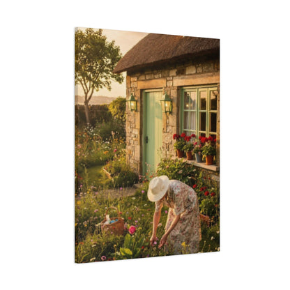 Cottage Garden Canvas Print — Woman Tending Flowers Matte Stretched Wall Art