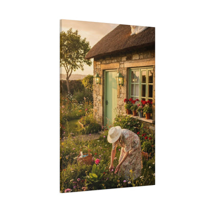 Cottage Garden Canvas Print — Woman Tending Flowers Matte Stretched Wall Art