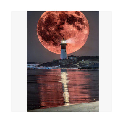 Red Moon Lighthouse Matte Vertical Poster — Surreal Coastal Wall Art