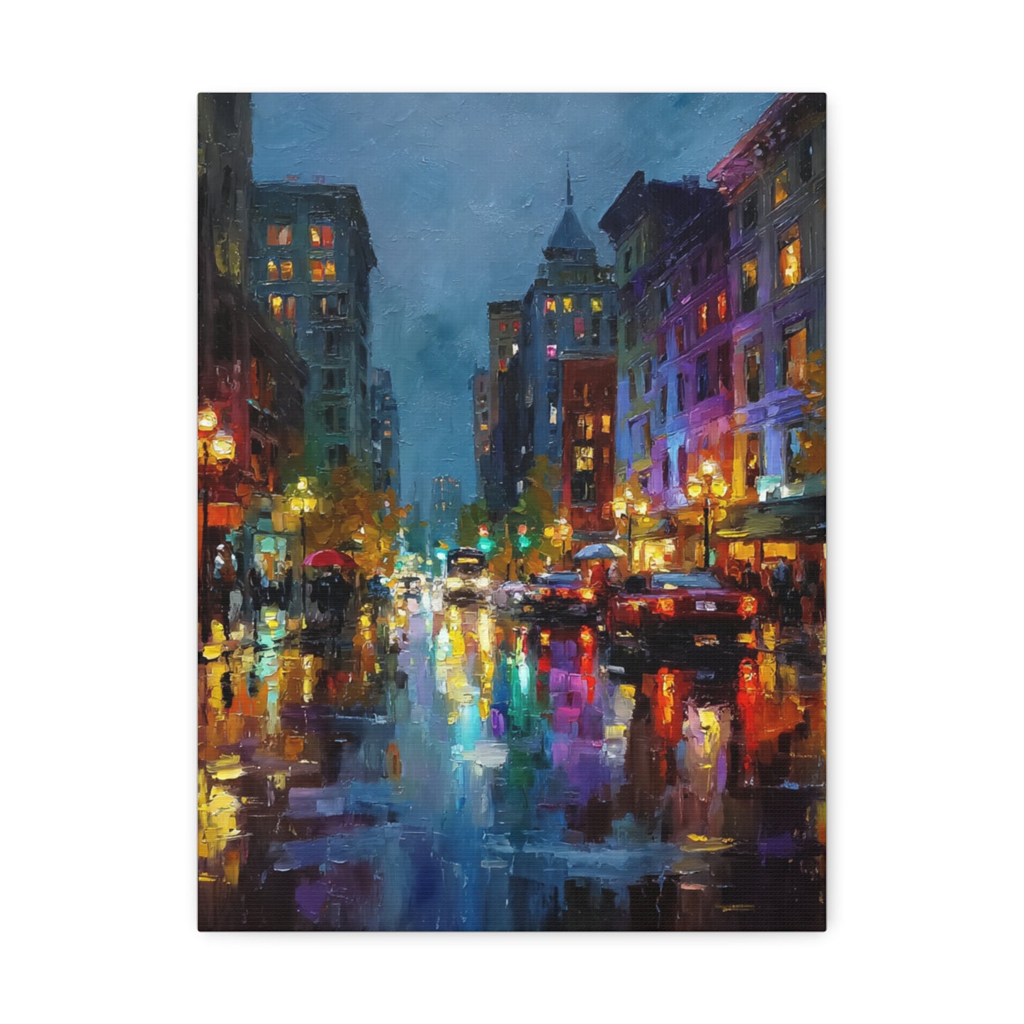 City Nightscape Stretched Canvas – Vibrant Rainy Street Urban Wall Art