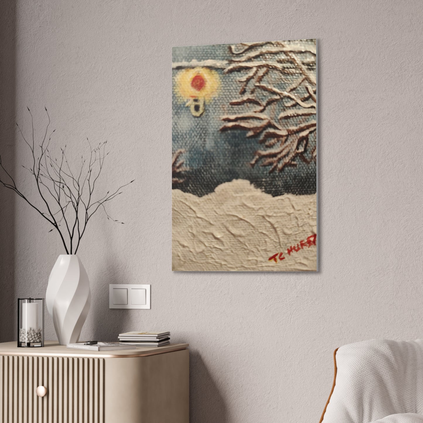 Winter Night Canvas Art – Stretched 0.75" Snowy Tree & Lantern Wall Print