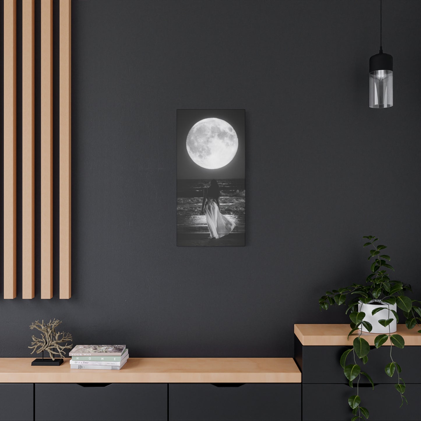 Moonlit Beach Canvas Wall Art — Woman Walking Toward Full Moon (Black & White)