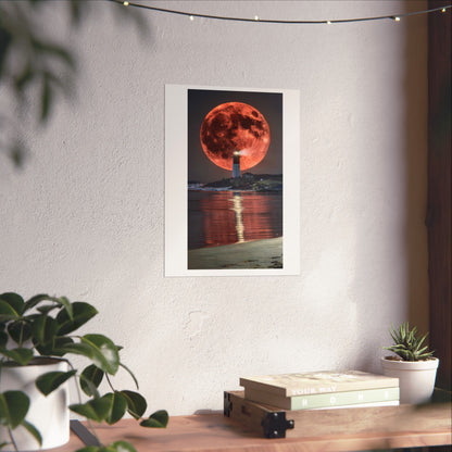 Red Moon Lighthouse Matte Vertical Poster — Surreal Coastal Wall Art