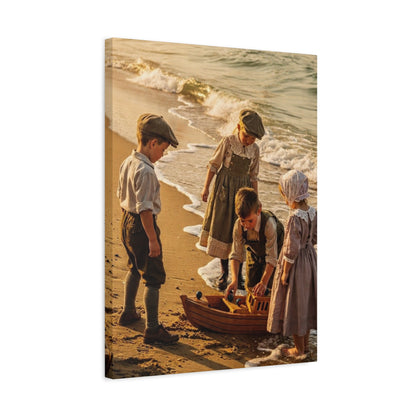 Vintage Children at the Beach Matte Canvas Wall Art (Stretched 1.25")