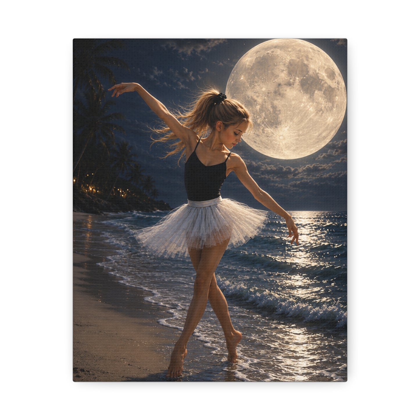 Ballerina Moonlit Beach Stretched Canvas — Dreamy Dance Wall Art