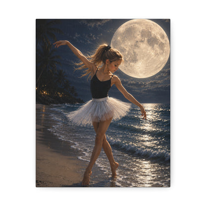 Ballerina Moonlit Beach Stretched Canvas — Dreamy Dance Wall Art