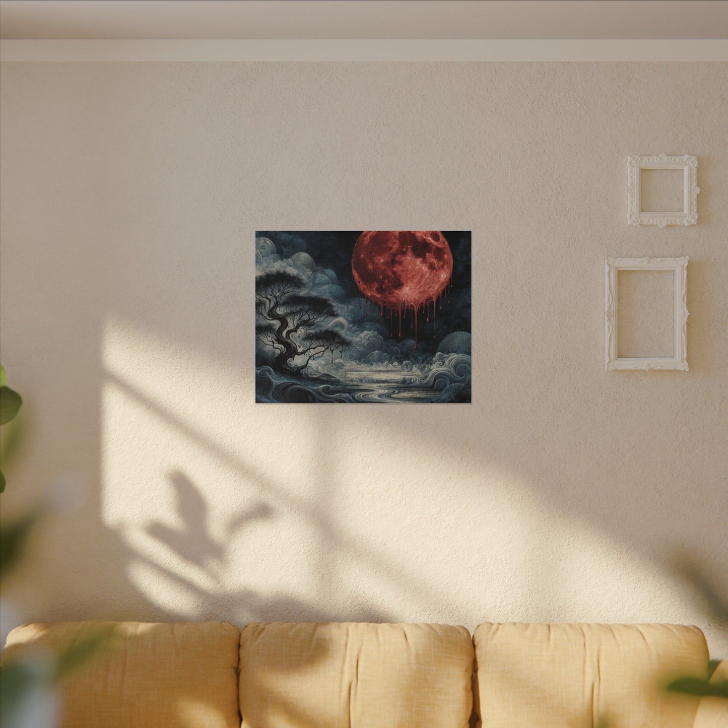 Blood Moon Canvas Art – Dripping Red Moon Over Misty Landscape, Matte Stretched Wall Art