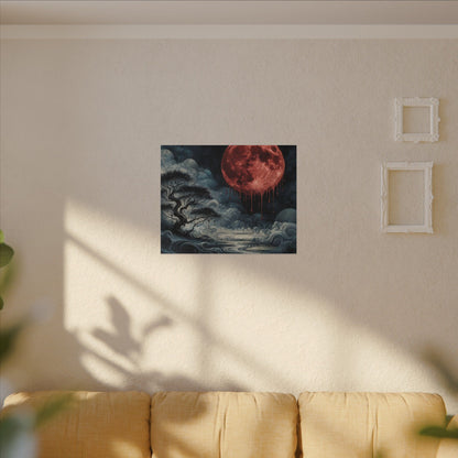 Blood Moon Canvas Art – Dripping Red Moon Over Misty Landscape, Matte Stretched Wall Art