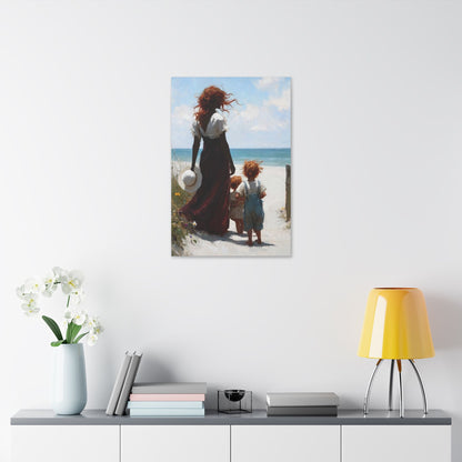 Beach Walk Canvas Print — Mother and Children Seaside Wall Art