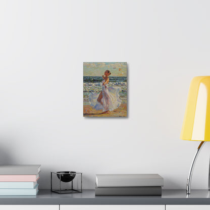 Beach Stroll Canvas Print — Woman in Flowing White Dress Seaside Wall Art