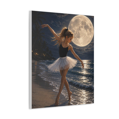 Ballerina Moonlit Beach Stretched Canvas — Dreamy Dance Wall Art