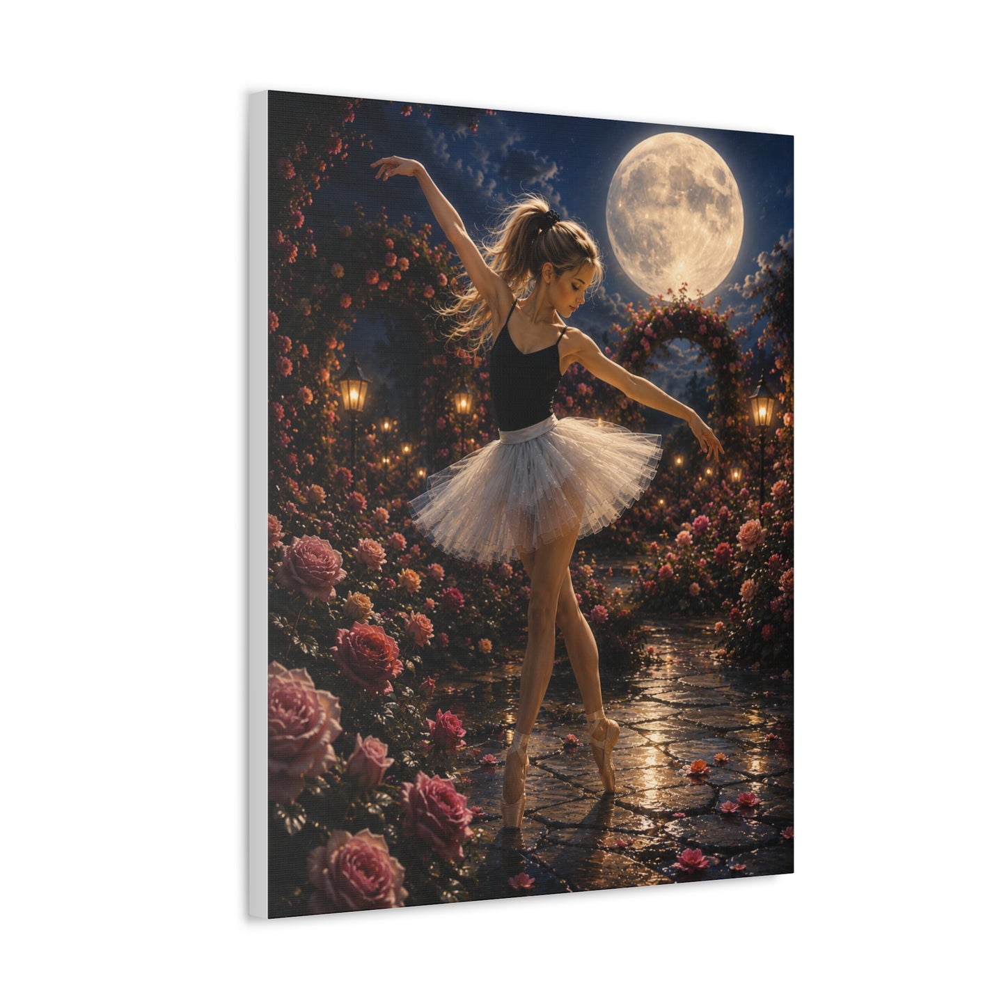 Ballet Moonlight Stretched Canvas — Dreamy Ballerina Night Garden Wall Art