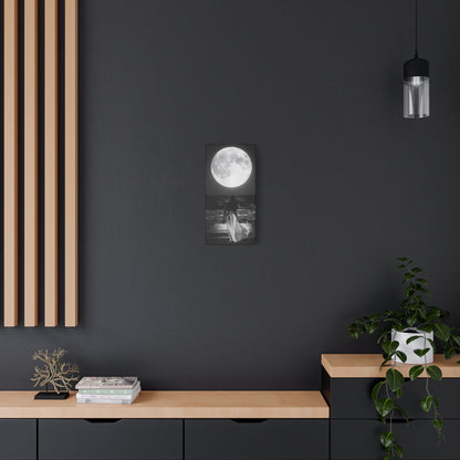Moonlit Beach Canvas Wall Art — Woman Walking Toward Full Moon (Black & White)