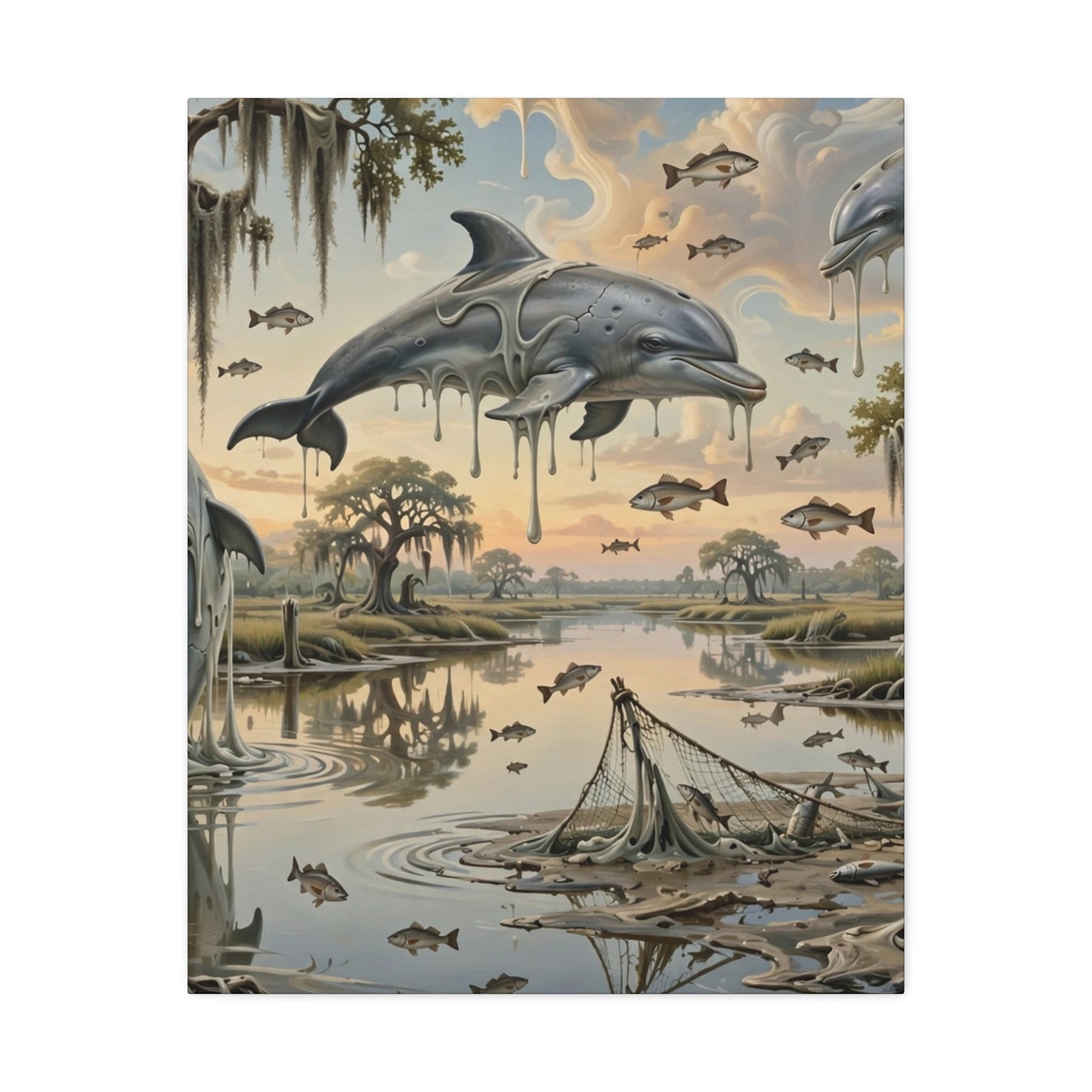 Surreal Dolphin Marsh Stretched Canvas – Dripping Sky Whales Art Print