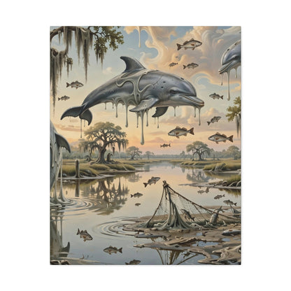 Surreal Dolphin Marsh Stretched Canvas – Dripping Sky Whales Art Print