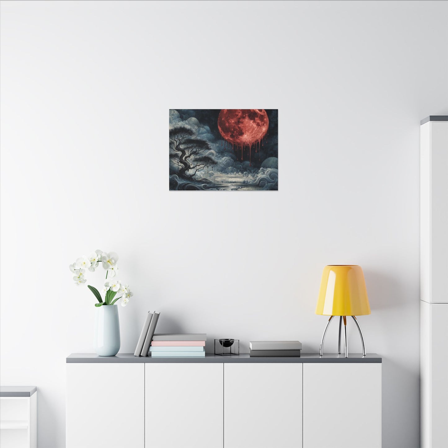 Blood Moon Canvas Art – Dripping Red Moon Over Misty Landscape, Matte Stretched Wall Art