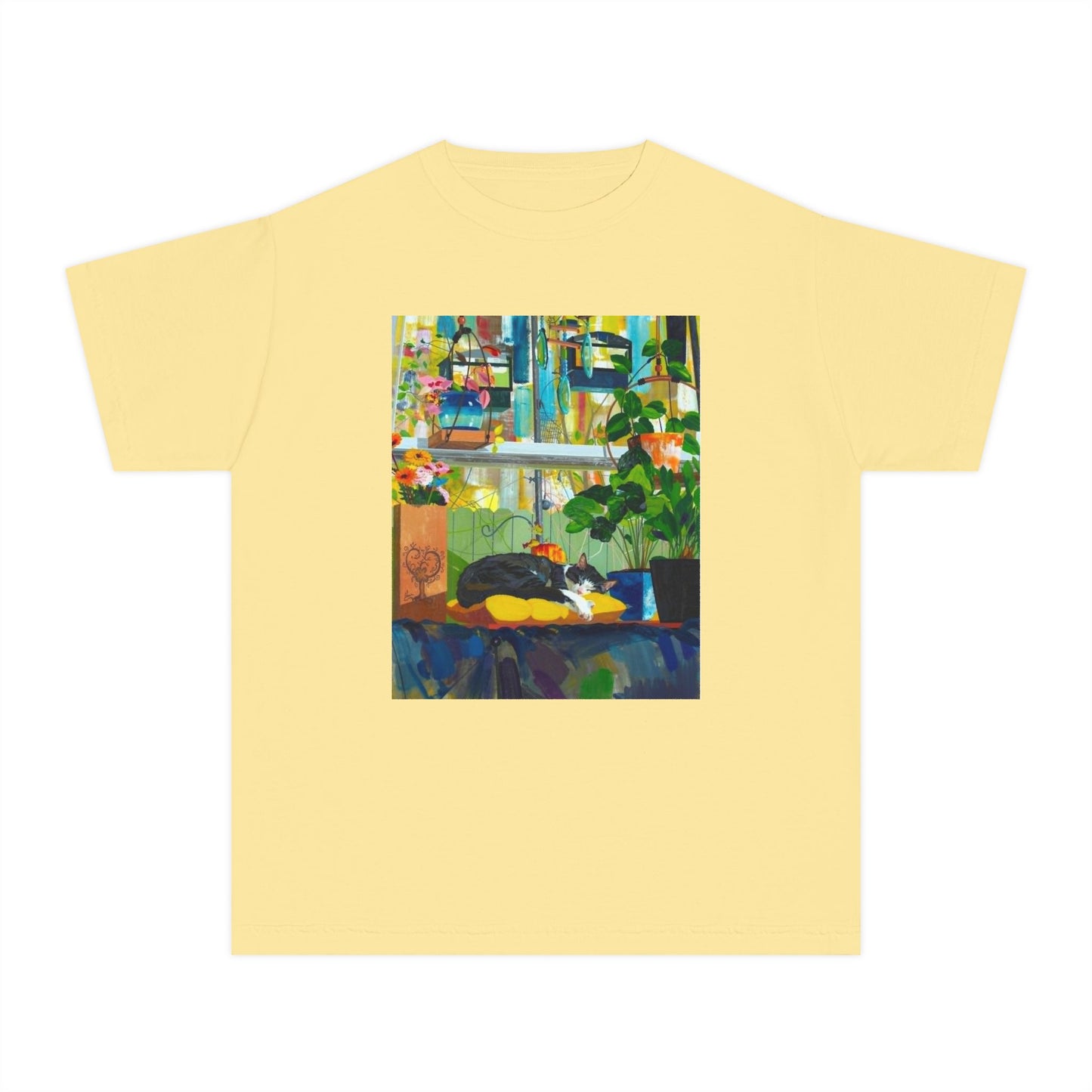 Youth Tee — Cozy Window Cat Print