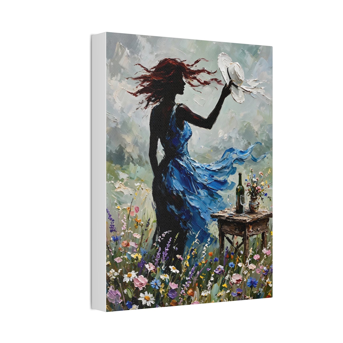 Canvas Wall Art – 'Windy Day' Woman in Blue Dress Painting (Stretched Canvas)