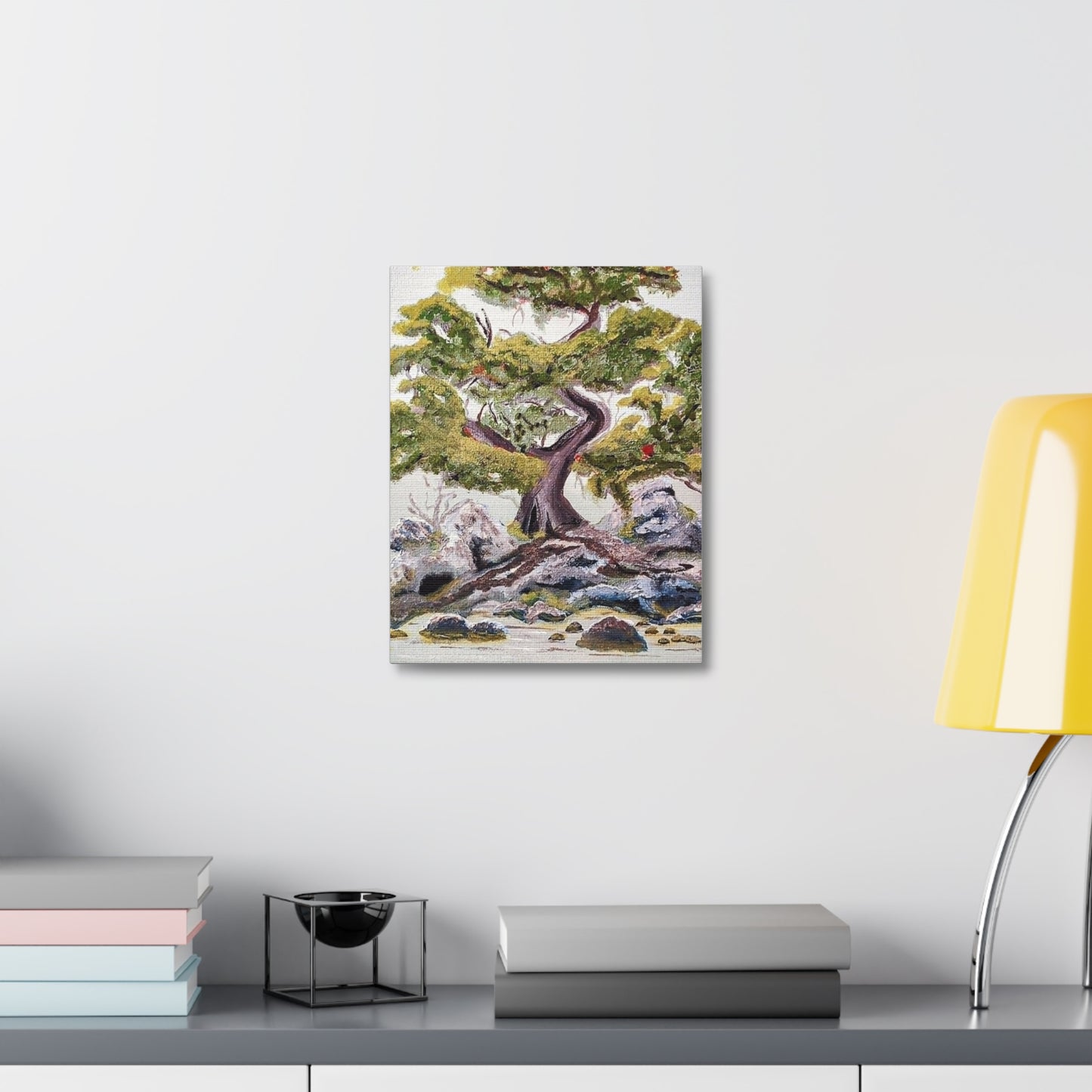 Coastal Bonsai Tree Stretched Canvas Wall Art — Serene Beach Landscape Print