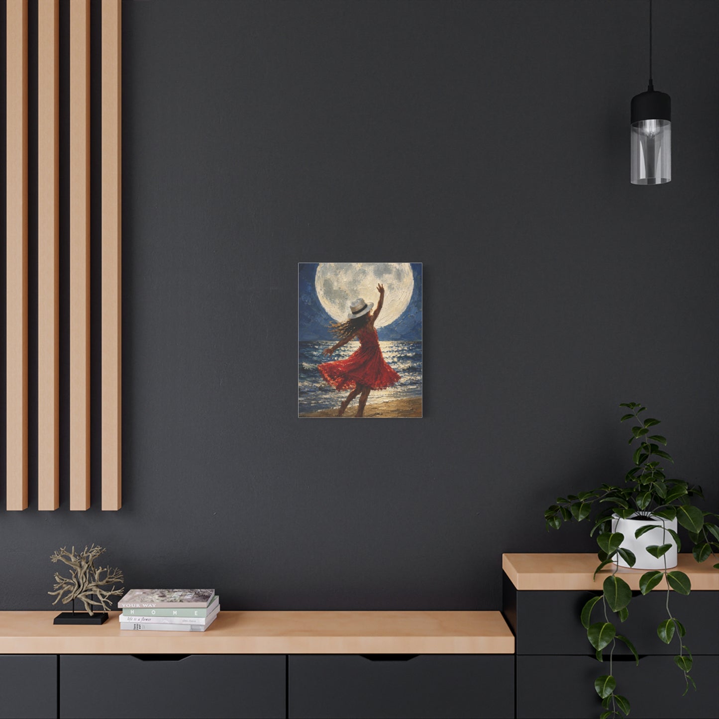 Moonlit Dance Canvas Wall Art – Woman in Red Dress Beach Painting