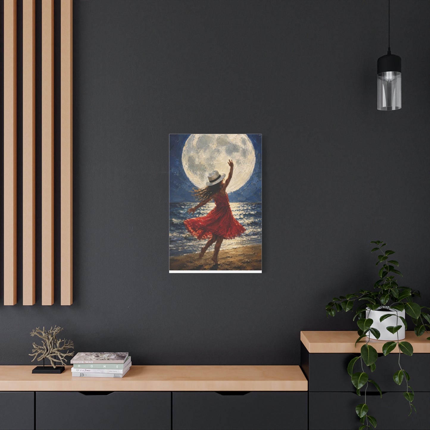 Moonlit Dance Canvas Wall Art – Woman in Red Dress Beach Painting