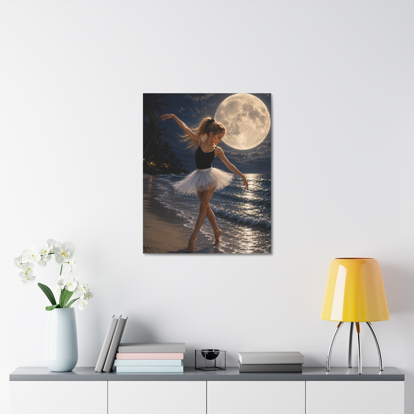 Ballerina Moonlit Beach Stretched Canvas — Dreamy Dance Wall Art