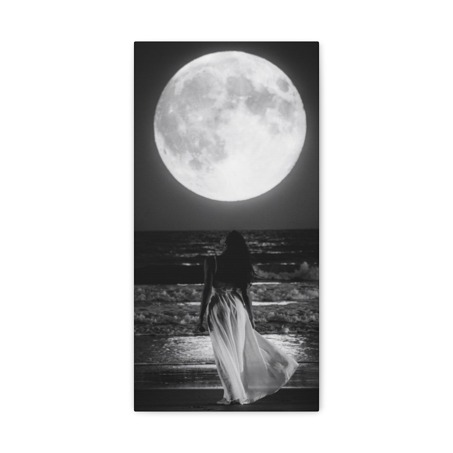 Moonlit Beach Canvas Wall Art — Woman Walking Toward Full Moon (Black & White)