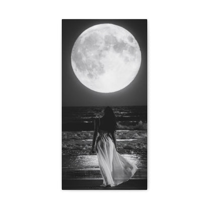 Moonlit Beach Canvas Wall Art — Woman Walking Toward Full Moon (Black & White)