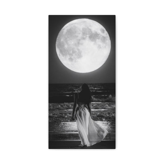 Moonlit Beach Canvas Wall Art — Woman Walking Toward Full Moon (Black & White)