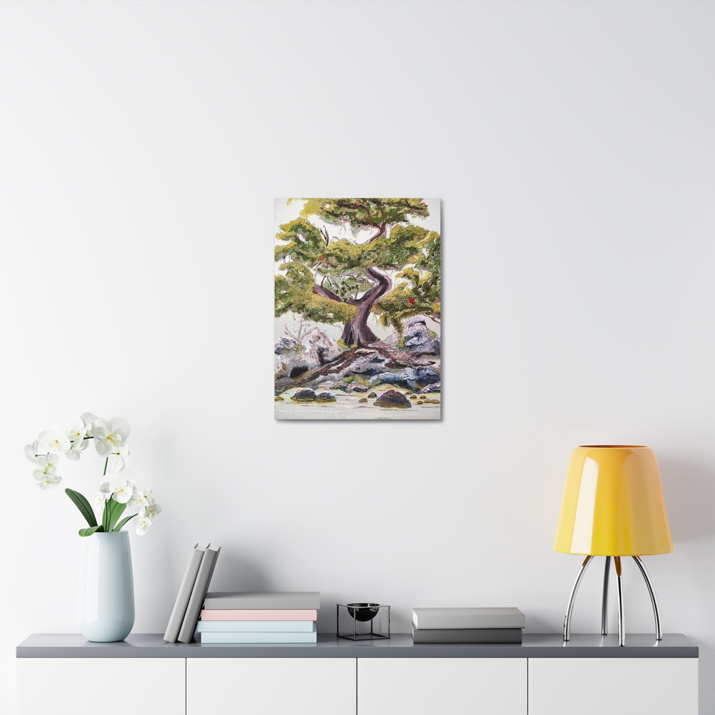 Coastal Bonsai Tree Stretched Canvas Wall Art — Serene Beach Landscape Print