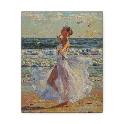 Beach Stroll Canvas Print — Woman in Flowing White Dress Seaside Wall Art