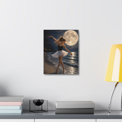 Ballerina Moonlit Beach Stretched Canvas — Dreamy Dance Wall Art