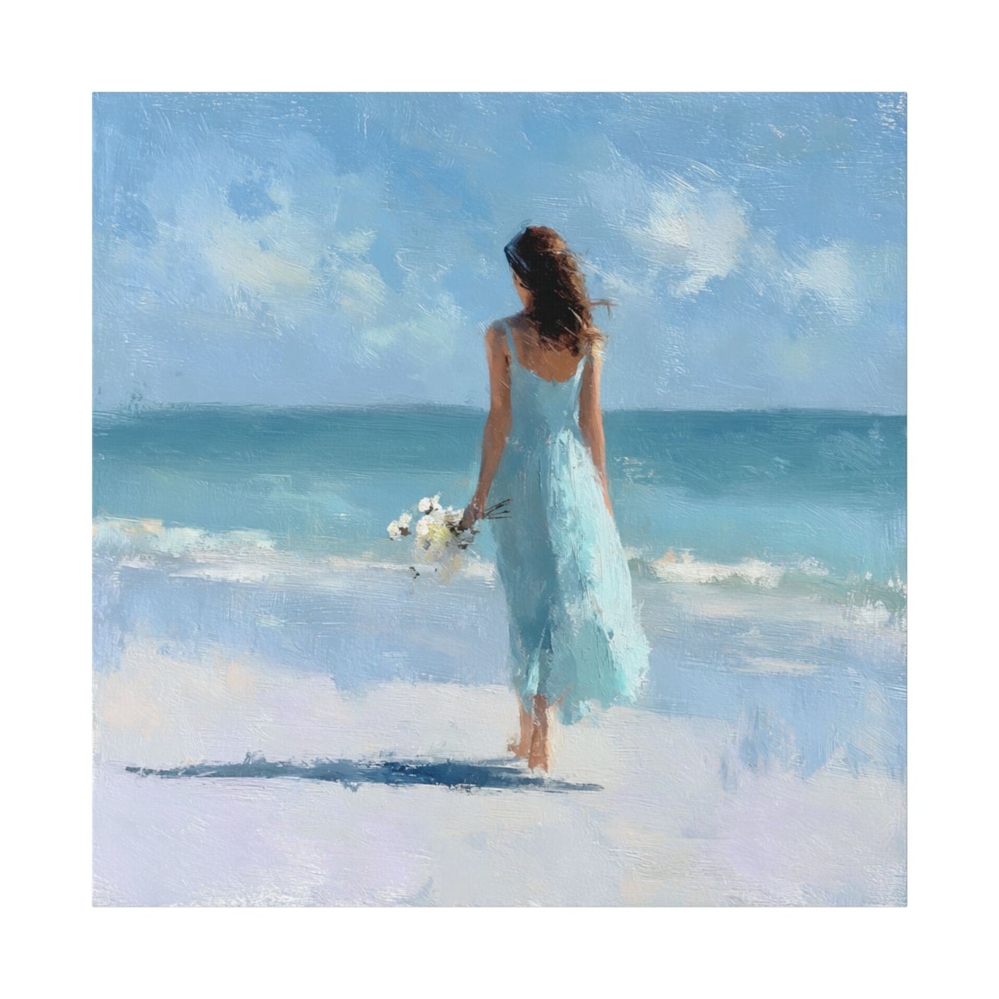 Coastal Serenity Canvas – Woman in Blue Beach Wall Art