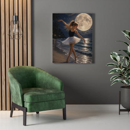 Ballerina Moonlit Beach Stretched Canvas — Dreamy Dance Wall Art