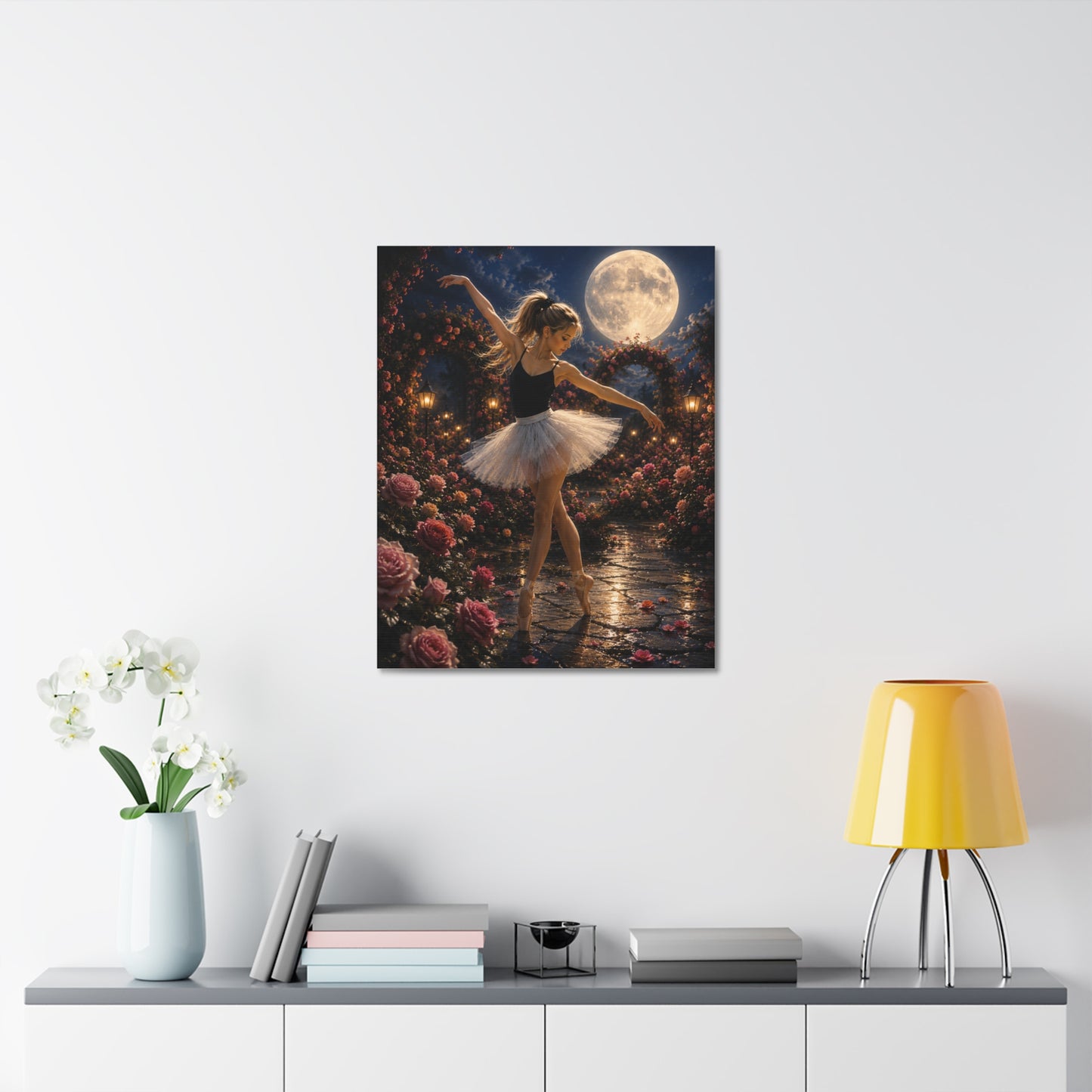 Ballet Moonlight Stretched Canvas — Dreamy Ballerina Night Garden Wall Art