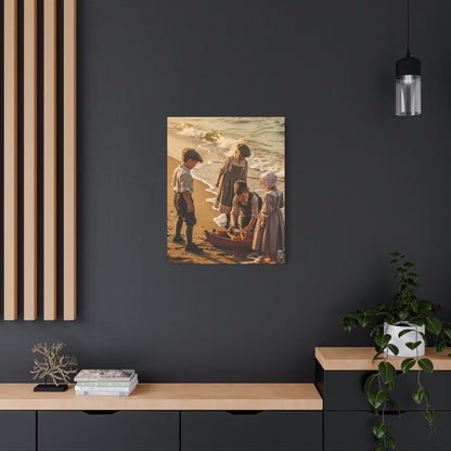 Vintage Children at the Beach Matte Canvas Wall Art (Stretched 1.25")