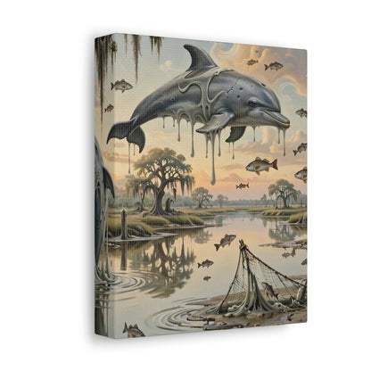 Surreal Dolphin Marsh Stretched Canvas – Dripping Sky Whales Art Print
