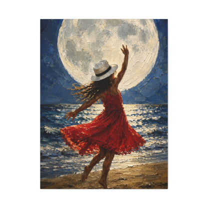 Moonlit Dance Canvas Wall Art – Woman in Red Dress Beach Painting